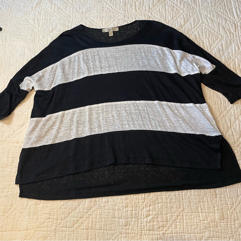 Ecru Boxy Oversized 100% Linen Bold Stripe Top Shirt M